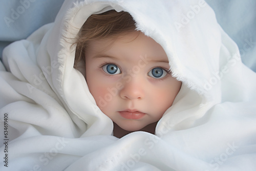  A delightful little Caucasian baby with big blue eyes and a tiny nose, wrapped in a soft white blanket on a bed, with an ideal background for advertisements. Generative AI.
