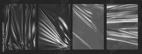 Crumpled plastic, glued paper wrinkled foil effect, vector realistic background set. Crumpled and greased wrinkles texture, isolated blank templates. Badly wet glued paper or gray adhesive foil