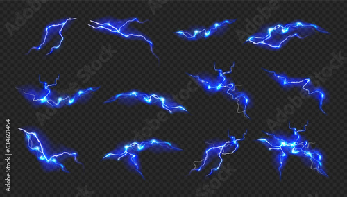 Lightning and thunderbolts with electric discharge, realistic illustration collection. Isolated blue sparks of energy, bright bolts effects. Plasma or strike with powerful voltages