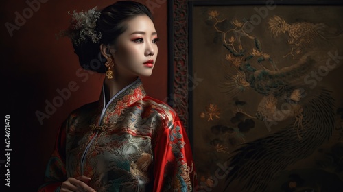 Asian woman in traditional kimono on dark background.