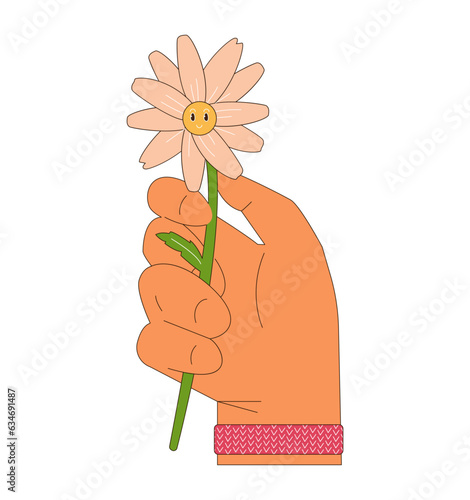 Hand holding chamomile flower with funny face retro flat vector illustration. Peace concept in the 70s style. Isolated on white.