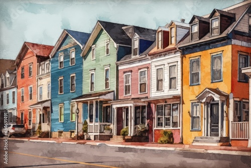 vibrant town, city street with different colored buildings, Watercolor illustration