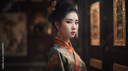 Tablou canvas Asian woman in traditional kimono on dark background.