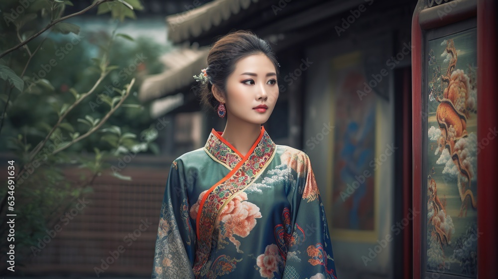 Fototapeta premium Asian woman in traditional kimono on dark background.