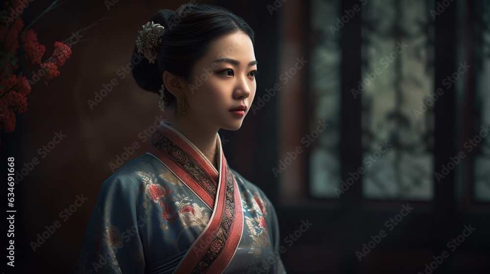Asian woman in traditional kimono on dark background. Asian woman in traditional kimono on dark background.