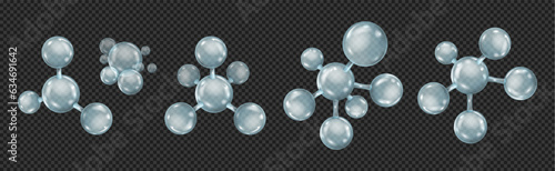 Molecule and atoms formula presentation, realistic illustration collection. Isolated glass structure of chemical substance, biology and science project protons connection presentation