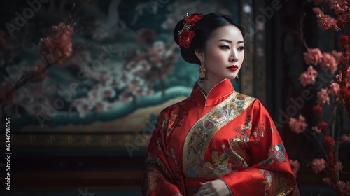 Asian woman in traditional kimono on dark background.