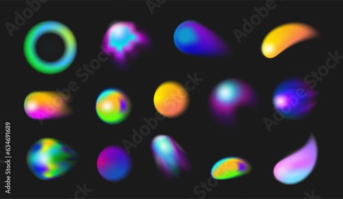 Ombre and gradient colored shapes, realistic illustration collection. Isolated colorful blend on circles and fluids. Bright and vivid radiant forms, contemporary design and artwork