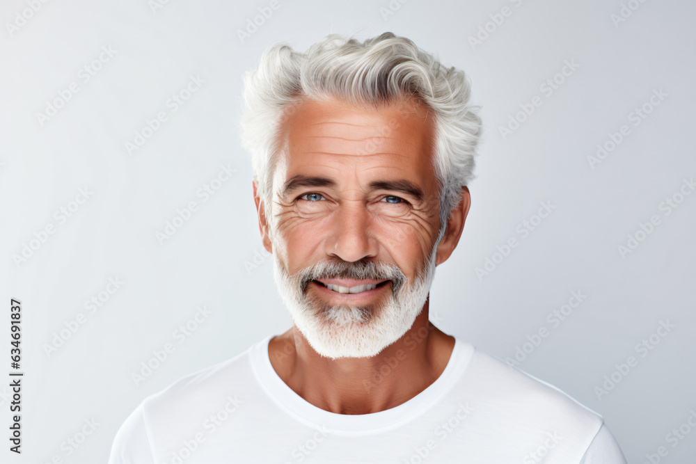 A close-up portrait of an attractive elderly man, showcasing a bright smile with pristine teeth, intended for a dental advertisement. He features a fresh, stylish haircut and beard. Gen AI A close-up portrait of an attractive elderly man, showcasing a bright smile with pristine teeth, intended for a dental advertisement. He features a fresh, stylish haircut and beard. Gen AI
