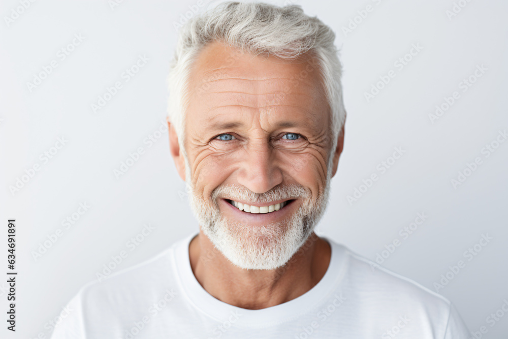 A close-up portrait of an attractive elderly man, showcasing a bright smile with pristine teeth, intended for a dental advertisement. He features a fresh, stylish haircut and beard. Gen AI A close-up portrait of an attractive elderly man, showcasing a bright smile with pristine teeth, intended for a dental advertisement. He features a fresh, stylish haircut and beard. Gen AI