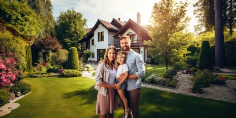 Happy family standing in front of their new house.