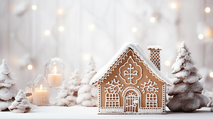 Christmas gingerbread house decoration on white background of defocused golden lights. Hand decorated.