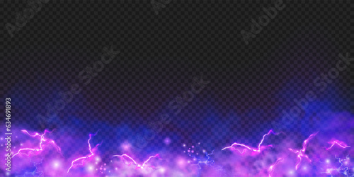 Smoke with lightning or electric discharge on bottom, realistic illustration. Neon effect, glowing lights and illumination with sparks and ignition. Laser and fog or mystical smoke
