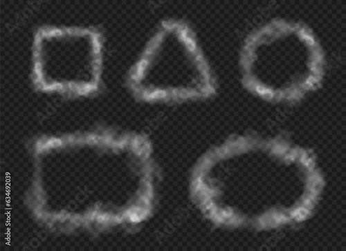 Foggy frames and smoky borders, realistic illustration collection. Isolated empty containers made of mist or smoke, fume or vapor. Circles and triangle, rectangle and square shapes