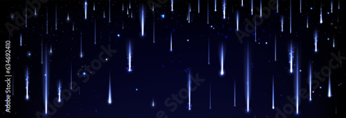 Falling and shooting stars, realistic illustration collection. Universe and galaxy, comets and celestial bodies glittering and shining. Cosmic meteors, asteroids and stardust at starry sky