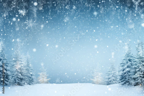 Beautiful fir trees in winter landscape, illustration. space for text. Christmas postcard © zamuruev