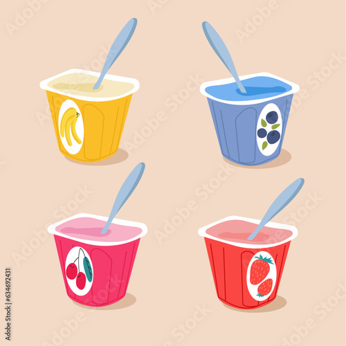 Sweet yogurt with blueberry, strawberry, banana, cherry flavor in plastic packaging.Yogurt food icon. Milk yoghurt.Vector illustration on a sandy background.