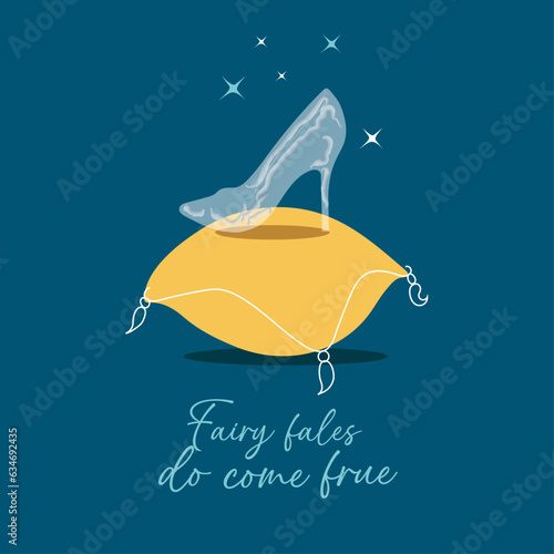 Wedding card isolated. Cinderella's glass slipper on a pillow,dating  blind date concept. Vector illustration with text on dark blue background. 