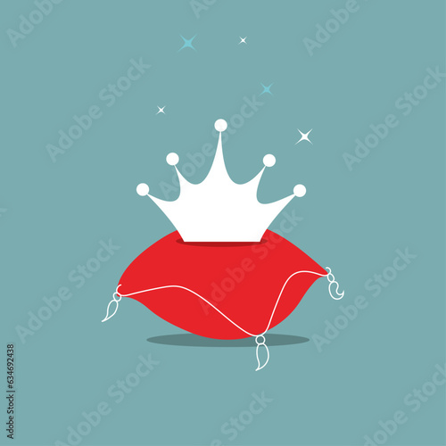 Cartoon symbol of a crown on a royal red pillow. Throne isolated icon for king, prince, princess or queen.Vector illustration on a green background.