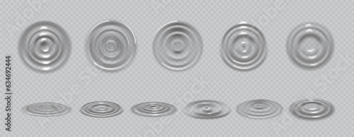 Drop traces on the water surface, realistic illustration collection. Isolated ripple texture, bubbles, and circles caused by raindrops. Liquid smoothness and splashes shape and design