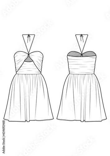 halter neck cutout fit and flare dress technical drawing / flat sketch /CAD / ADOBE Illustrator vector digital download