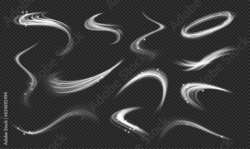 Swirls and glowing effects with dust, realistic illustration collection. Isolated curves and waves, flares and beams or shimmer texture. Illumination trail or dynamism representation