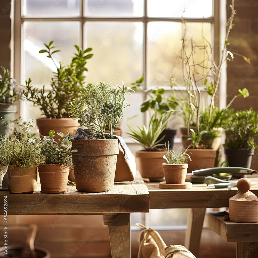 Rustic pots with house plants indoors. Created with generative AI technology. Rustic pots with house plants indoors. Created with generative AI technology.