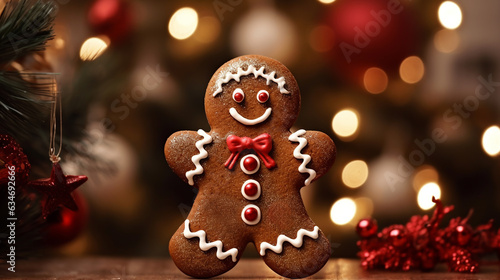 Christmas gingerbread cookies and gingerbread man with Christmas decorations on dark background with lights. Traditional Christmas baking.