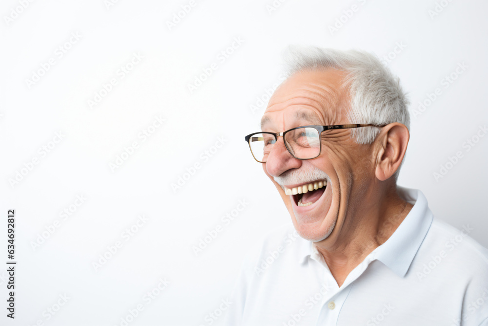 A close-up portrait of an elderly man with short, thinning gray hair and reading glasses, laughing and showing off his clean teeth. This was used for a dental advertisement, set against a white backgr