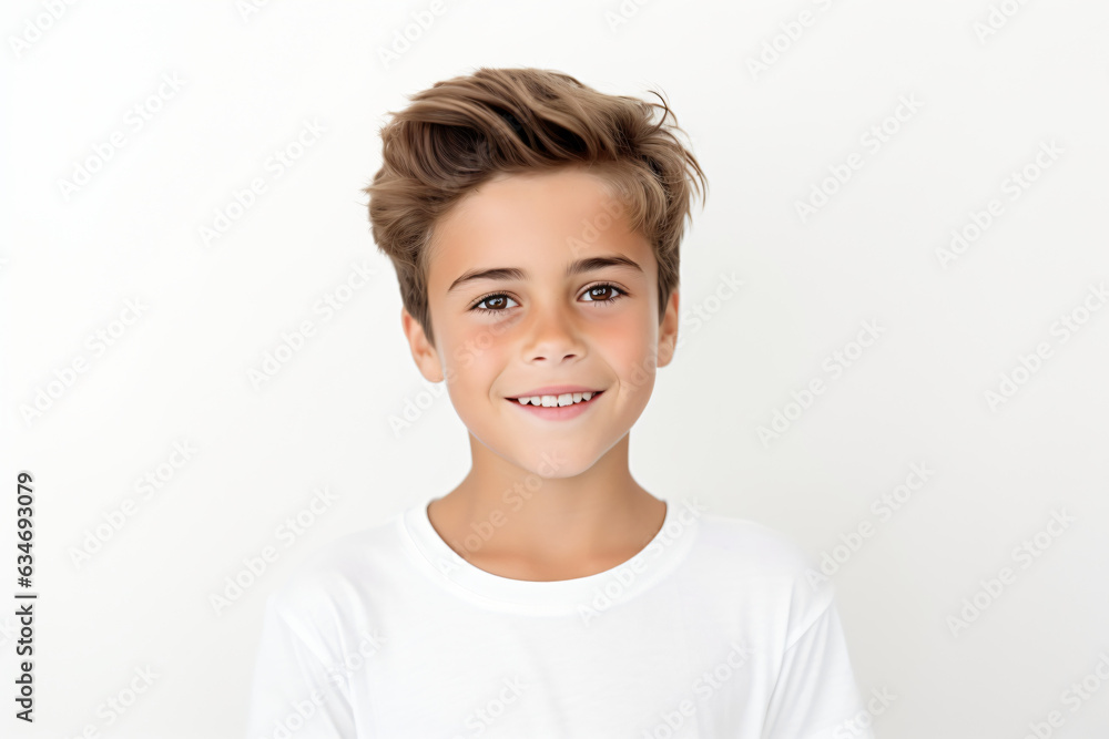 A close-up portrait photo of a charming young boy smiling, showcasing his clean teeth, designed for a dental advertisement. The boy features modern, stylish hair. Isolated on a white background.GenAI - obrazy, fototapety, plakaty 