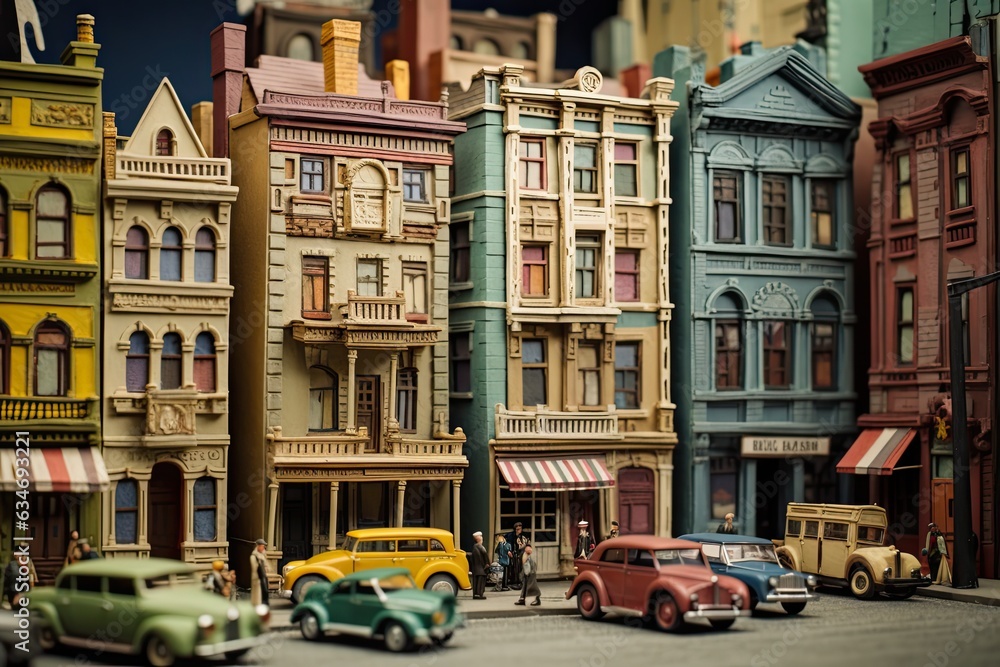 vibrant town, city street with different colored buildings and cars, toy sculptures, detailed miniatures illustration