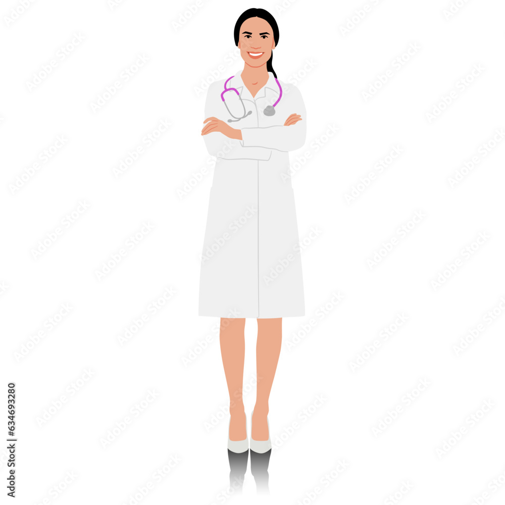 Hand drawn female healthcare worker. Happy smiling doctor in white coat with stethoscope. Medical worker is standing with crossed hands. Vector flat style illustration set isolated on white Hand drawn female healthcare worker. Happy smiling doctor in white coat with stethoscope. Medical worker is standing with crossed hands. Vector flat style illustration set isolated on white