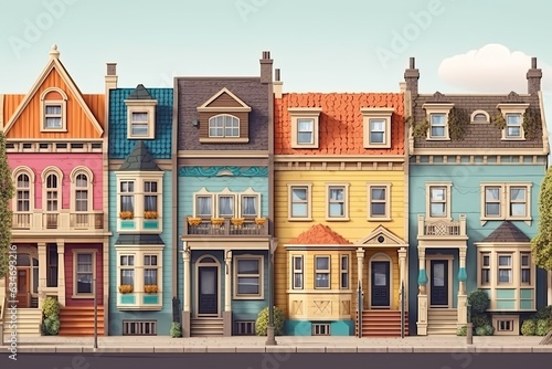 vibrant town, city street with different colored buildings and cars, toy sculptures, detailed miniatures illustration