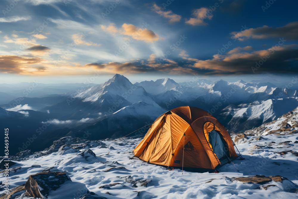 Tent in winter on a mountain top, Hikers set orange tent in winter mountains. Outdoor camping photo