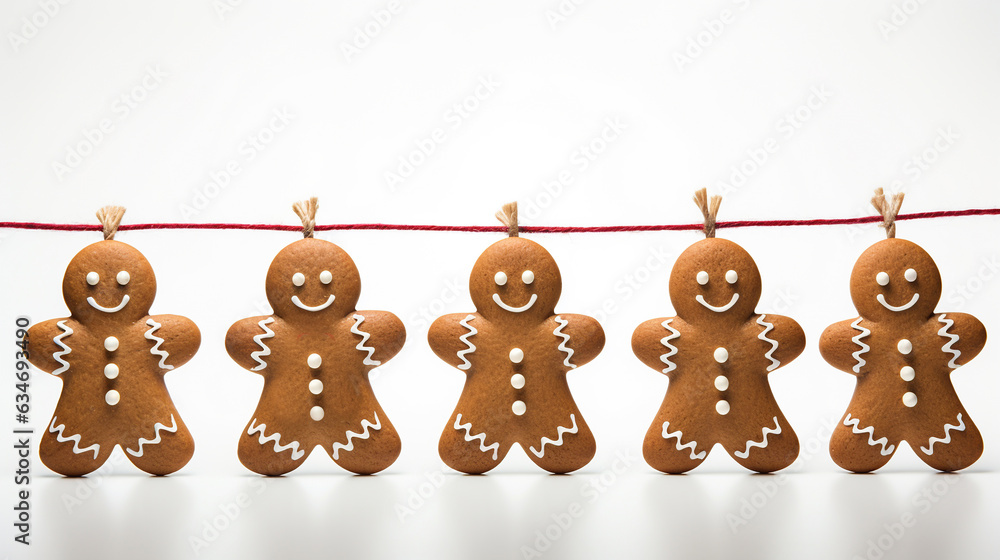 Fototapeta premium Christmas gingerbread cookies and gingerbread man with Christmas decorations on white background. Traditional Christmas baking.