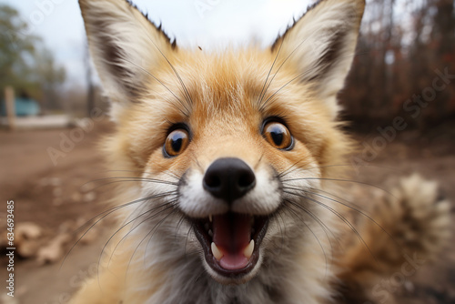 Close-up portrait of happy curious smiling red furry red fox animal in autumn nature, hungry animal. Wildlife capture. Copy paste. Generative AI