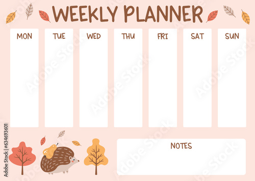 Weekly planner for kids with cute hedgehog, trees and falling leaves. Autumn theme school timetable. Class schedule is perfect for elementary school students. Vector hand drawn illustration.