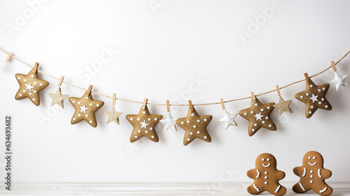 Christmas gingerbread cookies and gingerbread man with Christmas decorations on white background. Traditional Christmas baking.