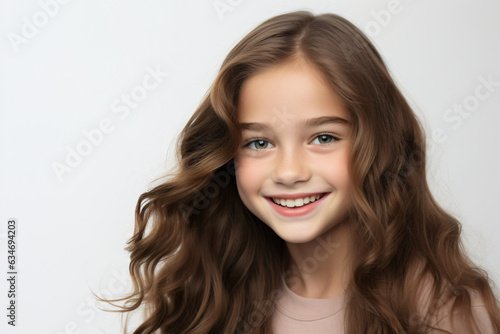 A close-up portrait of an adorable young girl smiling to reveal clean teeth. Designed for a dental advertisement. A teenager with sleek, long hair. Isolated on a white background.Generative AI.