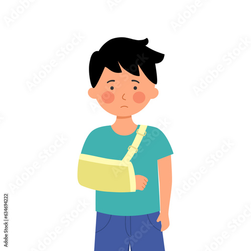 Boy child with broken arm wearing arm sling in flat design on white background.