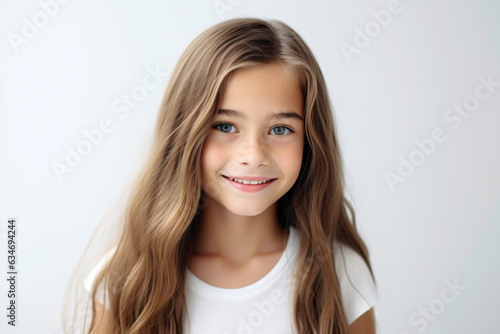 A close-up portrait of an adorable young girl smiling to reveal clean teeth. Designed for a dental advertisement. A teenager with sleek, long hair. Isolated on a white background.Generative AI.