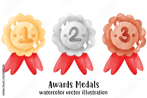 Gold, silver and bronze medals. Champion and winner awards medal set. trophy. watercolor style