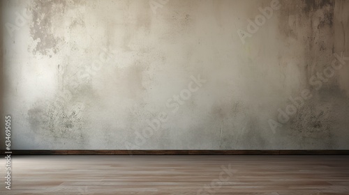Grey empty wall and wooden floor. Interior background for the presentation.  Generative AI