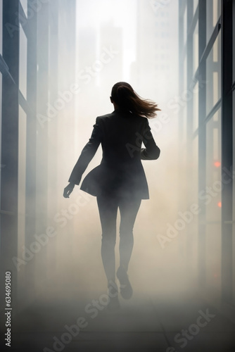 silhouette of a businesswoman running away down a foggy dystopian city alley. photo