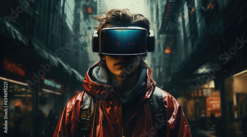 Person wearing VR in the future , cityscape, dark teal and crimson, cypherpunk.