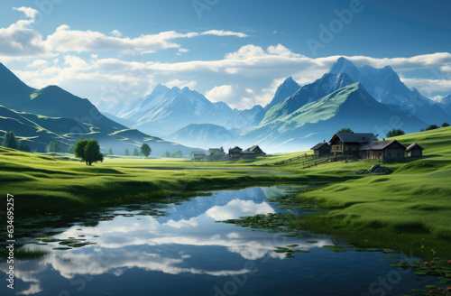 Landscape wallpaper with river, mountain and grass. © hakule