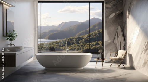 Elegant washing room with white bathtub and marble laundry basin.