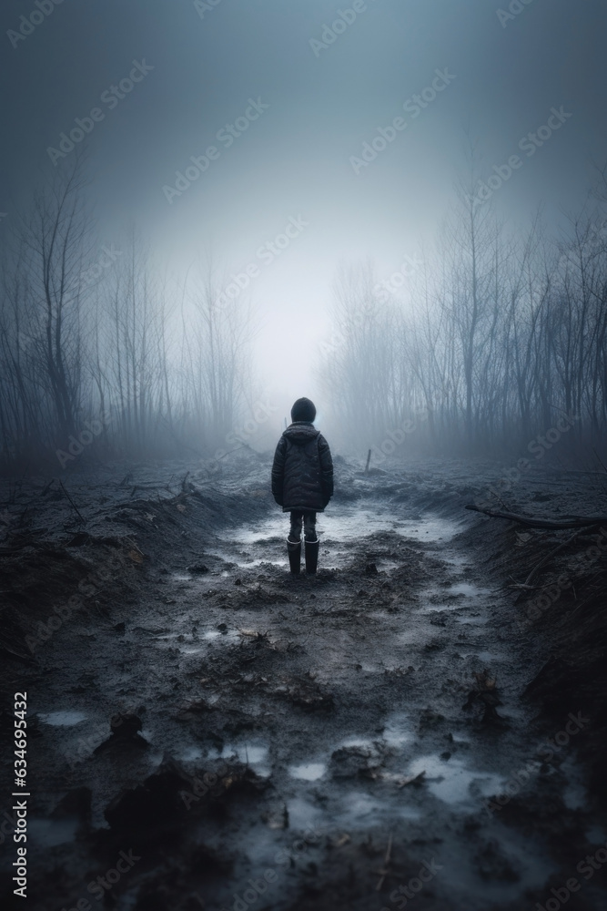 foggy dry forest. boy overlooking a barren muddy landscape in the fog. foggy dry forest. boy overlooking a barren muddy landscape in the fog.