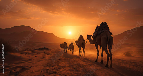 Camels traveling in the middle of the desert with sky in the sunset orange background.