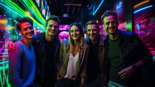 stylish confident and elegance businespeople teamwork in neon lour light business night life colorful lifestyle business people with blue neon and light from billboard,ai generatee
